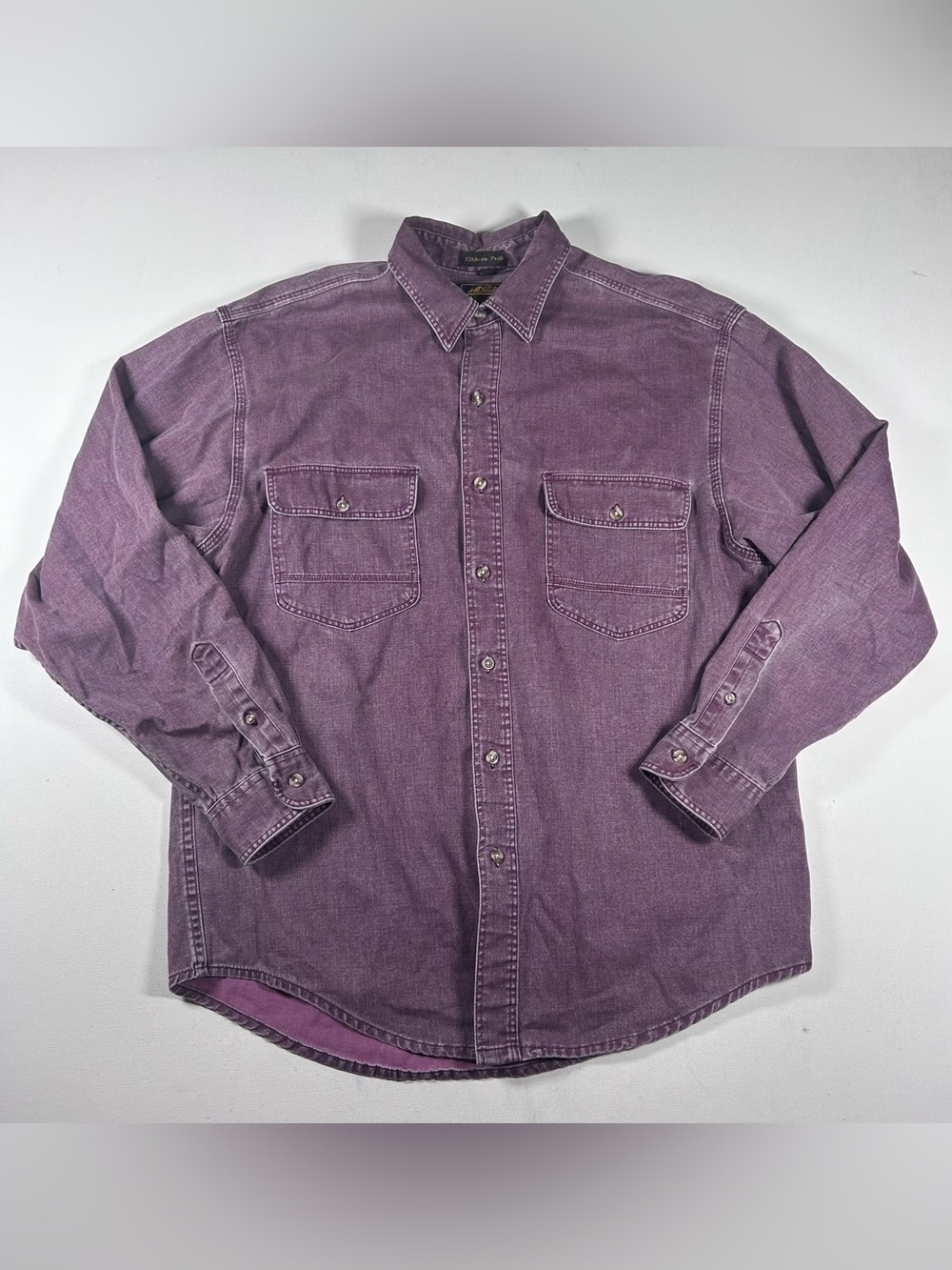 Vintage Eddie Bauer Elkhorn Twill Mens L Purple Button Down Shirt Faded Made USA